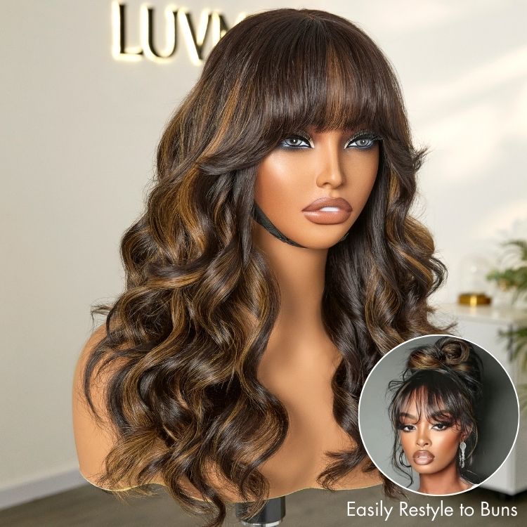 Blonde loose wave minimalist lace wig with bangs by Luvme Hair, featuring a natural scalp appearance and glueless construction.