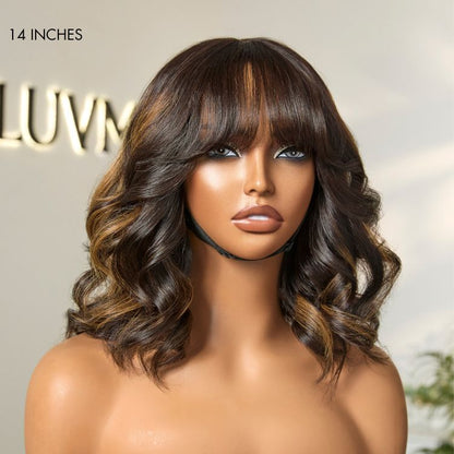 Luvme Hair minimalist lace wig with blonde highlights, loose waves, bangs, and glueless design for a natural look.