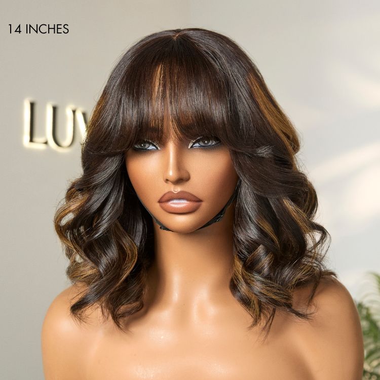 Luvme Hair blonde loose wave lace wig with bangs, minimalist lace design, glueless fit, natural-looking scalp, and soft, flowing hair.