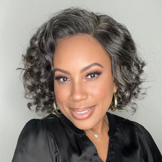 Elegant grey loose body wave wig by Luvme Hair featuring a glueless, minimalist short lace design and pre-cut lace for easy wear.