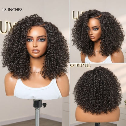 Luvme Hair curly lace front wig with 180% density, face-framing style, glueless, ear-to-ear wide T lace, human hair, pre-cut.