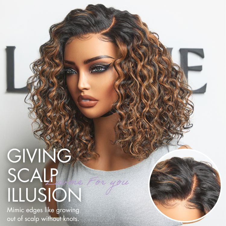 Luvme All-Day Comfort™ Brown Highlight Deep Wave Curly Wig with HD Lace, pre-cut, glueless, minimalist style, natural deep wave texture