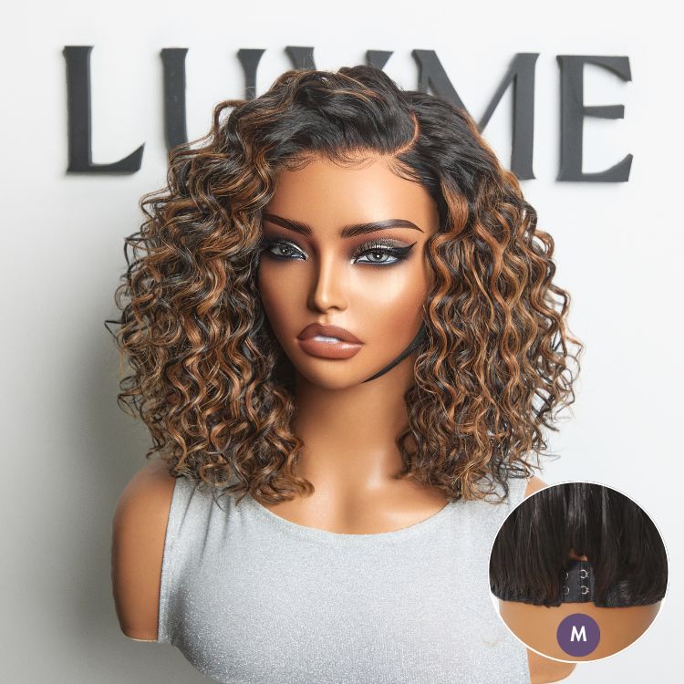 Luvme All-Day Comfort™ Brown Highlight Deep Wave Curly Wig with HD lace, pre-cut, glueless, minimalist design, showcasing natural curls.