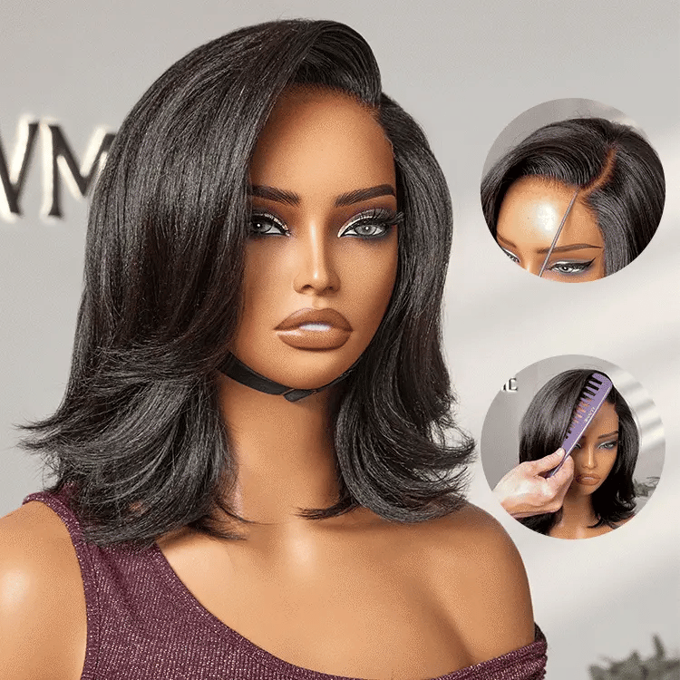 Luvme Hair natural look yaki texture layered bangs bob wig with glueless HD lace, human hair, pre-cut lace for a minimalist style