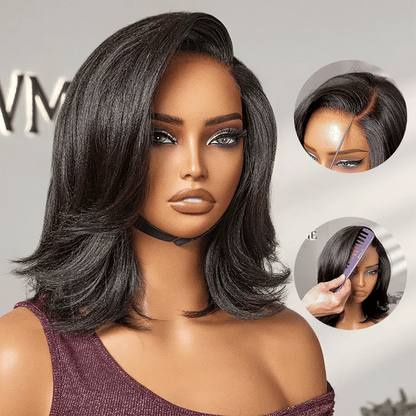 Luvme Hair natural look yaki texture layered bangs bob wig with glueless HD lace, human hair, pre-cut lace for a minimalist style