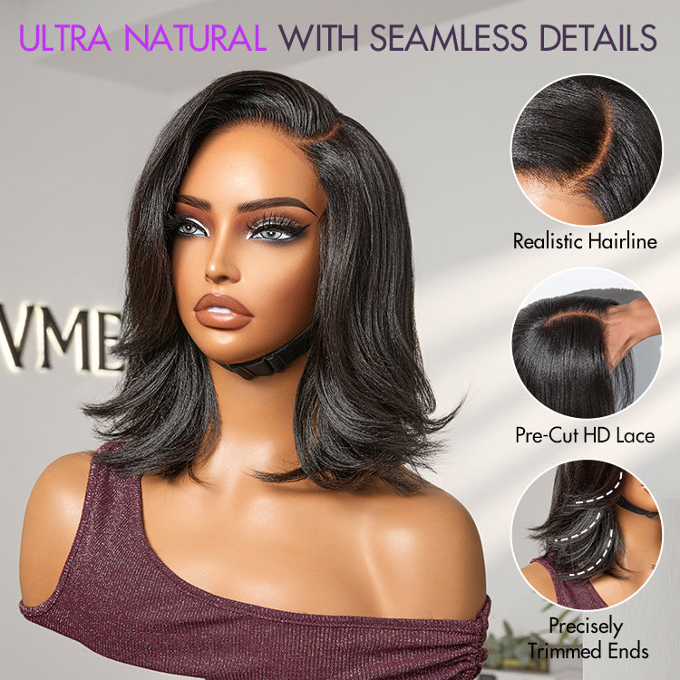 Luvme Hair natural look Yaki texture layered bangs bob wig with pre-cut lace, glueless HD lace human hair wig on a mannequin head