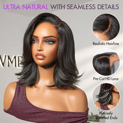 Luvme Hair natural look Yaki texture layered bangs bob wig with pre-cut lace, glueless HD lace human hair wig on a mannequin head
