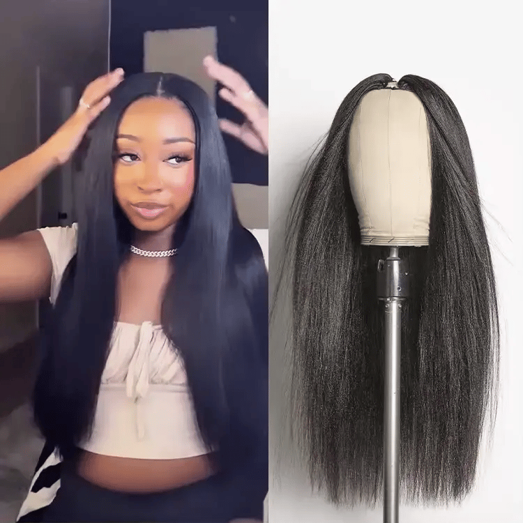 Luvme Too Easy Texture wig with 180% density, kinky curly and yaki straight styles, glueless V part, flexi-fit drawstring design