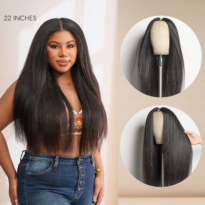 Luvme Hair Too Easy Texture™ wig featuring kinky curly and yaki straight styles with V part, drawstring, and flexi-fit design.