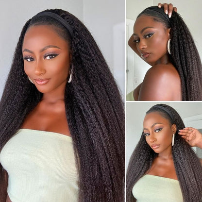 Luvme Hair Too Easy Texture™ wig with 180% density, kinky straight style, flexi-fit drawstring headband for a secure, glueless fit.