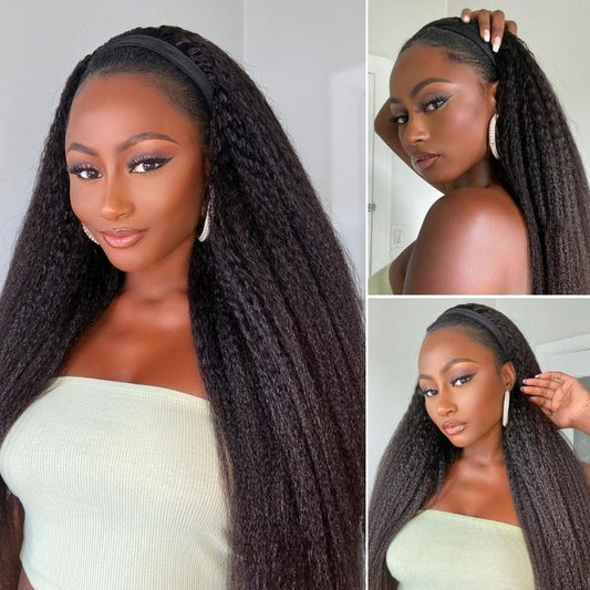 Luvme Hair Too Easy Texture™ wig with 180% density, kinky straight style, flexi-fit drawstring headband for a secure, glueless fit.