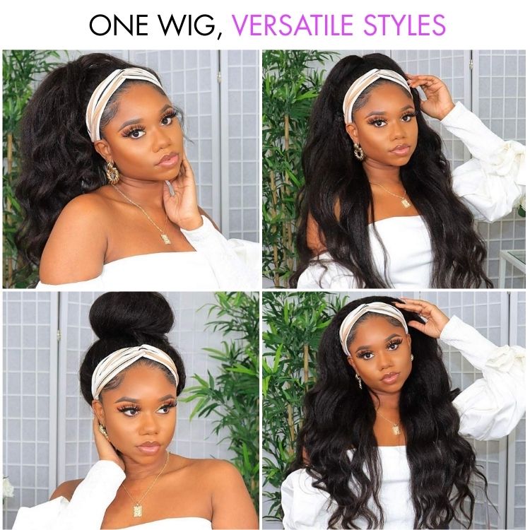 Luvme Too Easy Texture™ kinky straight wig with 180% density, flexi-fit drawstring headband, glueless design, natural hair look