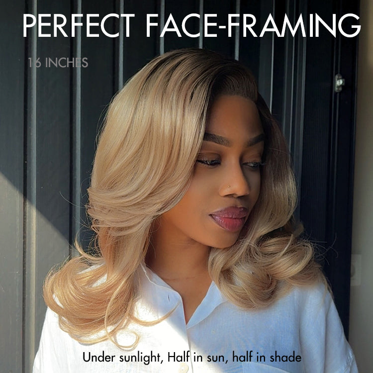 Luvme Hair ombre blonde layered lace wig with wavy texture and natural blowout style, glueless and minimalist HD lace cap