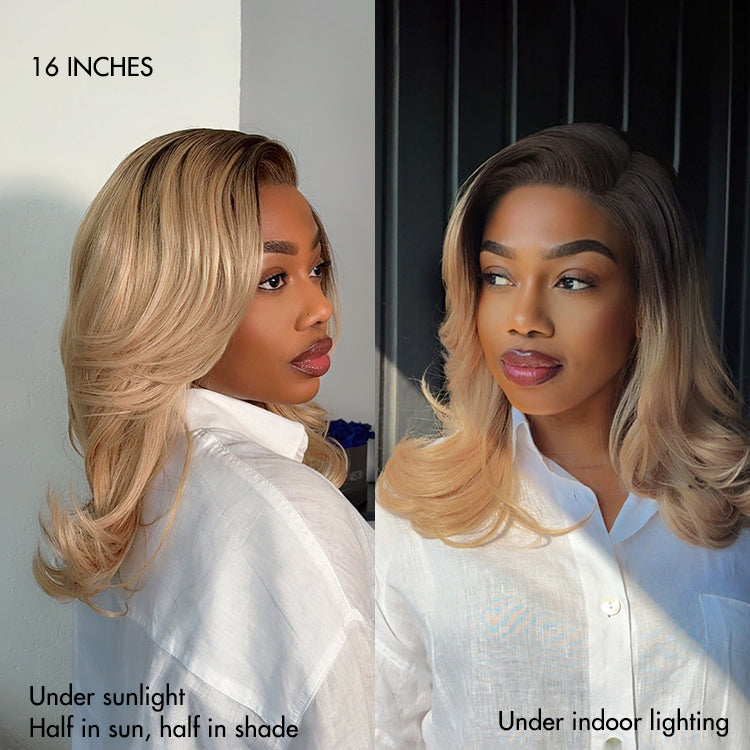 Luvme Hair ombre blonde layered lace wig with wavy, blowout style and minimalistic design, showcasing natural hair texture.