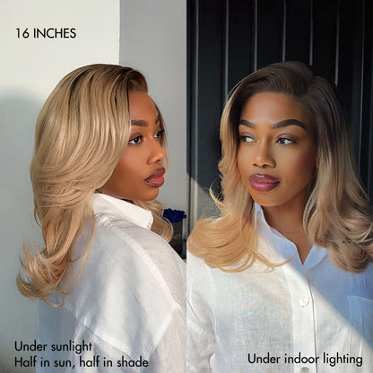 Luvme Hair ombre blonde layered lace wig with wavy, blowout style and minimalistic design, showcasing natural hair texture.