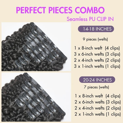 Kinky Curly seamless clip-in hair extensions by Luvme Hair, featuring natural human hair with a free gift included.