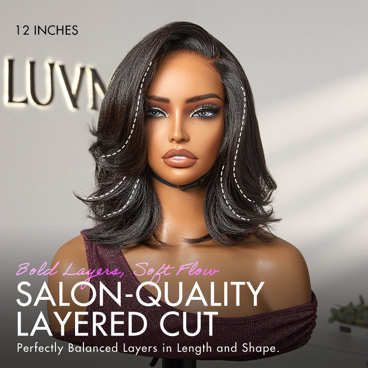 Luvme Hair natural look Yaki texture layered bangs bob wig with glueless HD lace, human hair, pre-cut lace, minimalist style