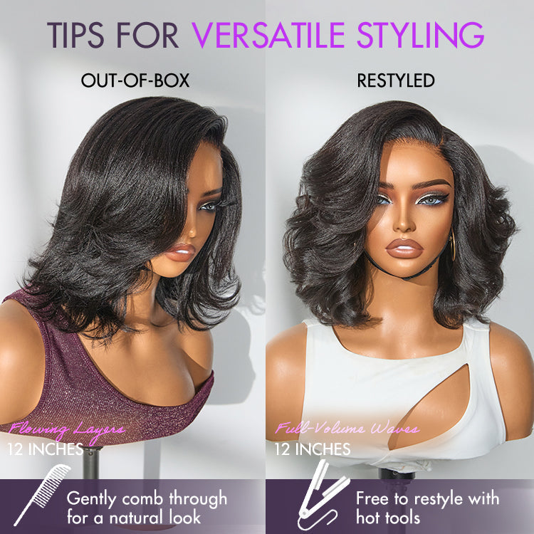 Luvme Hair Natural Look Yaki texture layered bangs bob wig with glueless HD lace, human hair, pre-cut lace, minimalist style