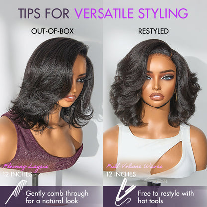 Luvme Hair Natural Look Yaki texture layered bangs bob wig with glueless HD lace, human hair, pre-cut lace, minimalist style