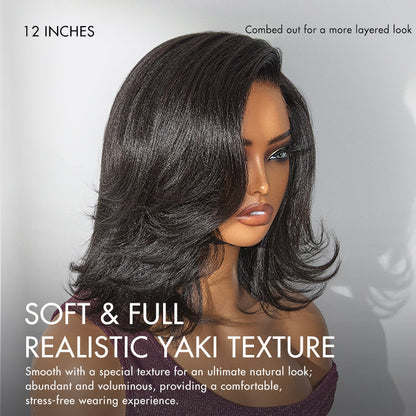 Luvme Hair natural look Yaki texture layered bangs bob wig with glueless HD lace, human hair, pre-cut lace, minimalistic style.