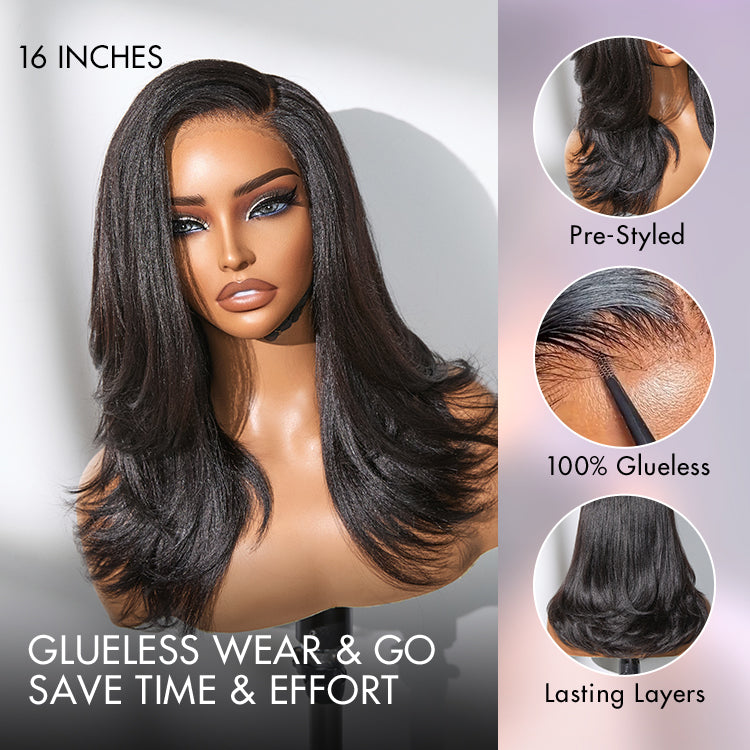 Luvme Hair natural look Yaki texture layered bangs bob wig with glueless HD lace, pre-cut lace, and human hair for a minimalist style.