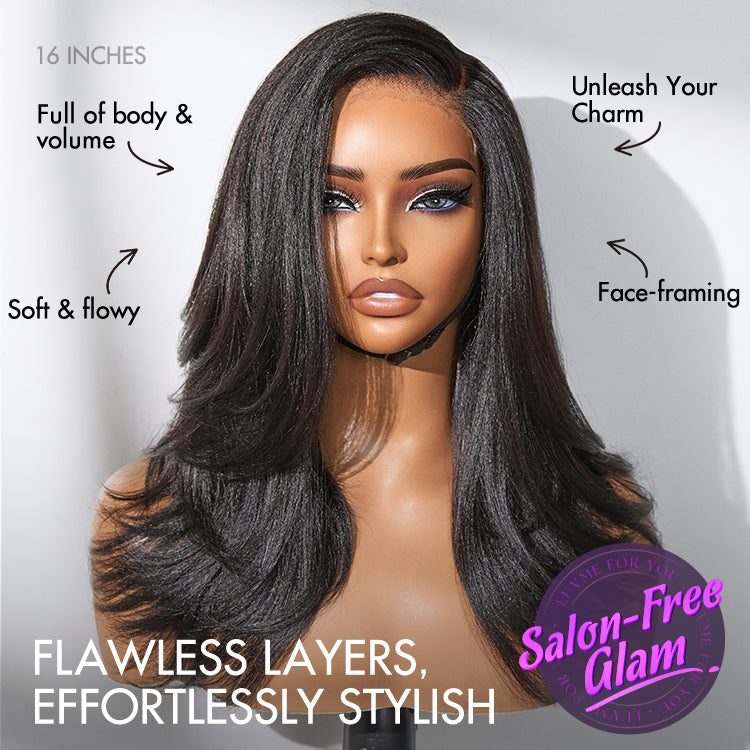 Luvme Hair natural look Yaki texture layered bangs bob wig with glueless HD lace, human hair, and pre-cut lace for a minimalist style.