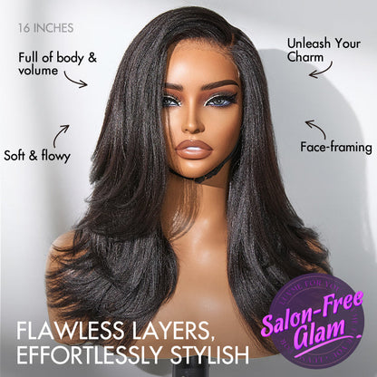 Luvme Hair natural look Yaki texture layered bangs bob wig with glueless HD lace, human hair, and pre-cut lace for a minimalist style.