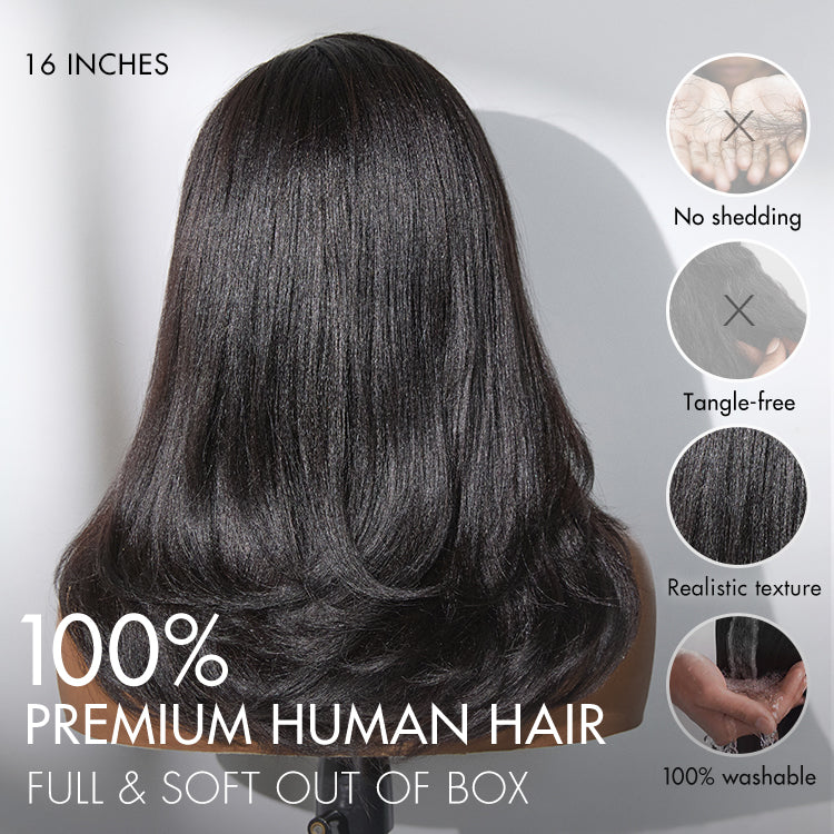 Luvme Hair natural look Yaki texture layered bangs bob wig with glueless HD lace, pre-cut lace, and human hair for a minimalist style.