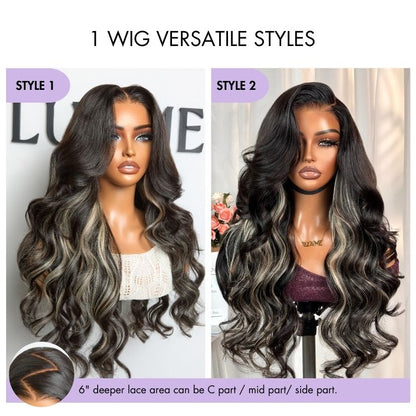 Luvme All-Day Comfort™ platinum blonde loose body wave HD lace wig with 7x6 closure and pre-cut lace, 180% density, glueless style