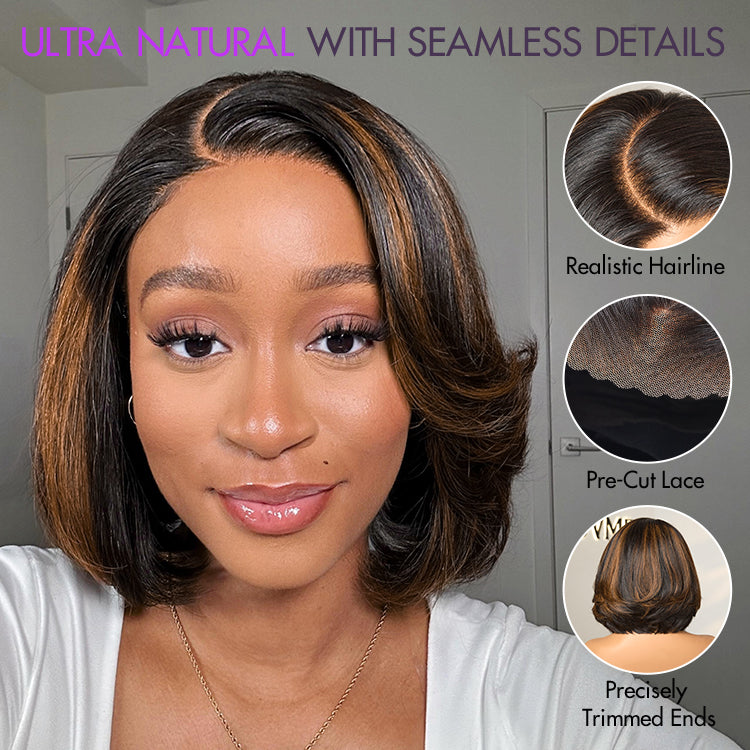 Luvme Hair trendy brown highlight layered bob blowout 5x5 lace closure wig made of 100% human hair, pre-cut lace for easy wear