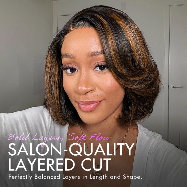 Luvme Hair trendy brown highlight layered bob blowout 5x5 lace closure wig made of 100% human hair, pre-cut lace for easy wear