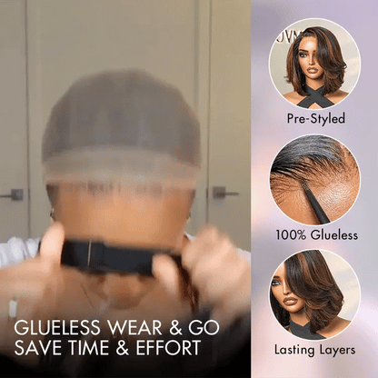 Luvme Hair brown layered bob lace closure wig with 5x5 pre-cut lace, human hair, glueless style, and trendy blowout look.
