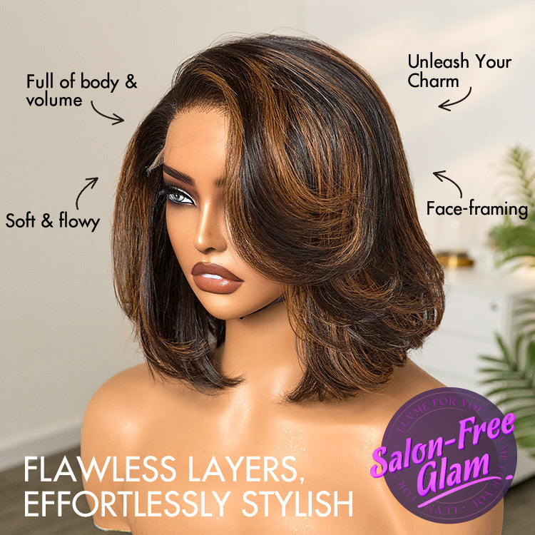 Luvme Hair brown layered bob closure wig with 5x5 lace, human hair, glueless, trendy blowout style, pre-cut lace for easy wear.