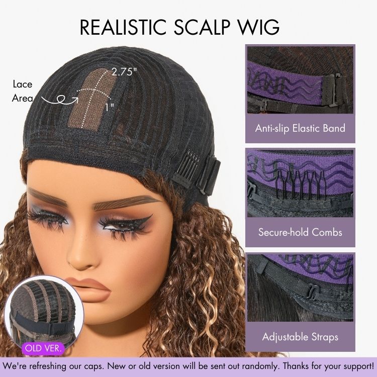 Luvme brown highlight Yaki bob wig with bangs on a breathable cap, styled for a put-on-and-go minimal lace wig.