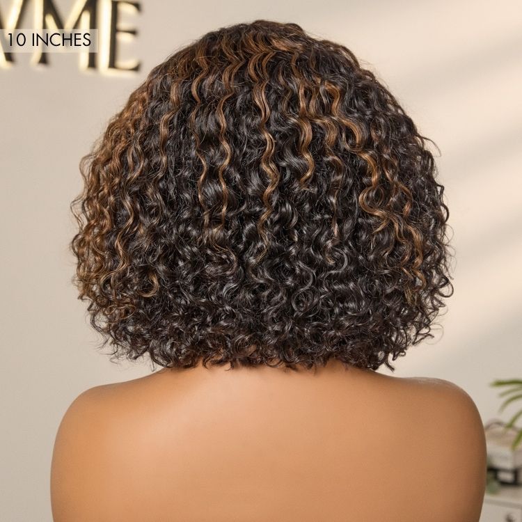 Blonde highlight short curly glueless minimalist HD lace human hair wig by Luvme, showcasing the natural curls and lace detail.