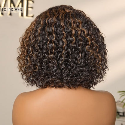 Blonde highlight short curly glueless minimalist HD lace human hair wig by Luvme, showcasing the natural curls and lace detail.