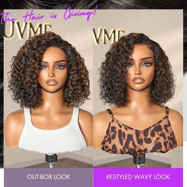 Blonde highlight short curly glueless minimalist HD lace human hair wig by Luvme showing natural curls and lace front detail