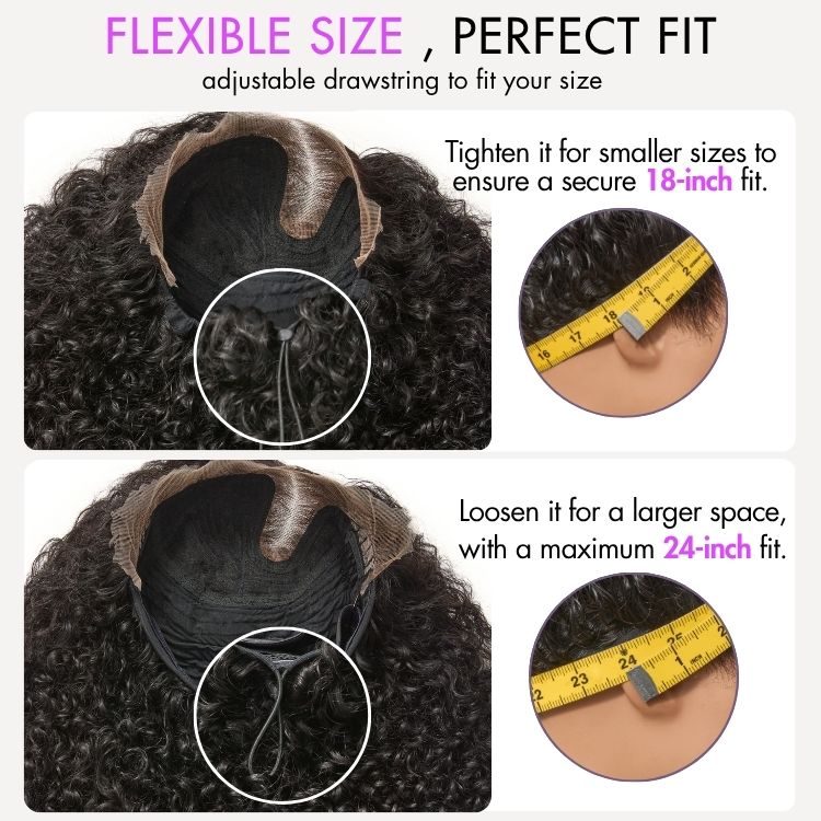 Luvme Hair 180% density curly lace front wig with face-framing style, glueless ear-to-ear wide T lace, human hair, pre-cut lace.