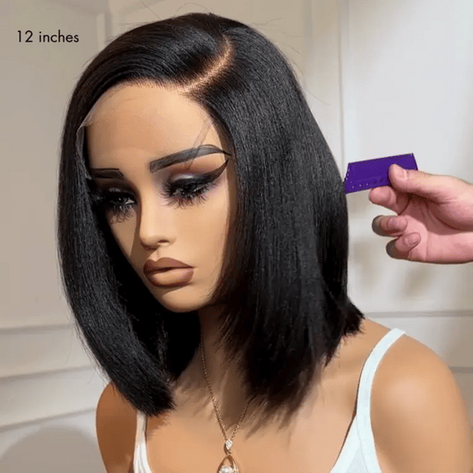 Luvme Hair layered Yaki straight minimalist lace wig with a left C part, glueless HD lace, ready-to-wear bob hairstyle.