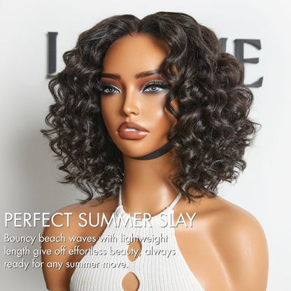 Luvme Hair lightweight beach wave lace front short wig with pre-cut 13x4 lace, perfect for summer, voluminous and natural-looking.