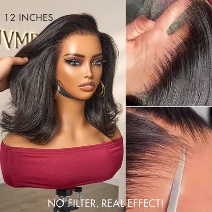Luvme Hair retro 90s flip ends bob cut human hair wig with 13x4 lace frontal, glueless style, natural black color, and layered ends