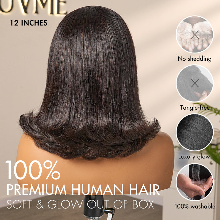 Luvme Hair retro 90s flip ends bob cut wig with glueless 13x4 frontal lace, human hair style and natural black color