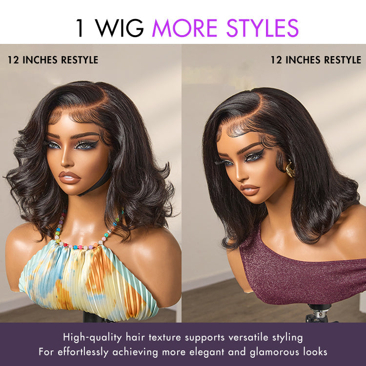 Luvme Hair retro 90s flip ends bob cut human hair wig with 13x4 lace frontal, glueless style, natural dark brown color.