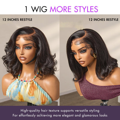 Luvme Hair retro 90s flip ends bob cut human hair wig with 13x4 lace frontal, glueless style, natural dark brown color.