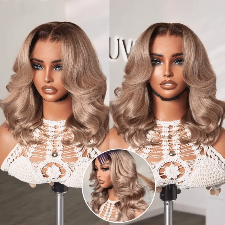 Ash blonde loose body wave 5x5 closure lace wig with glueless breathable cap by Luvme Hair, showing the wavy hair and lace closure.