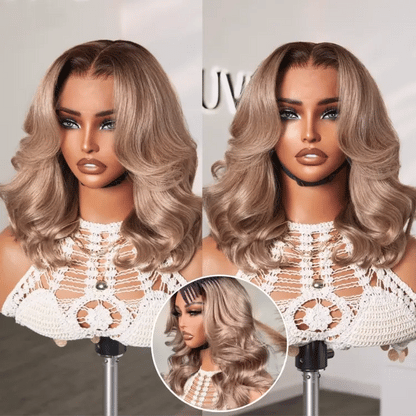 Ash blonde loose body wave 5x5 closure lace wig with glueless breathable cap by Luvme Hair, showing the wavy hair and lace closure.