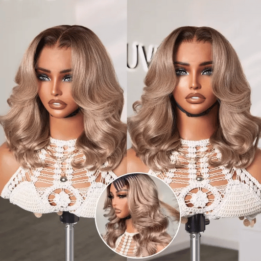 Ash blonde loose body wave 5x5 closure lace wig with glueless breathable cap by Luvme Hair, showing the wavy hair and lace closure.