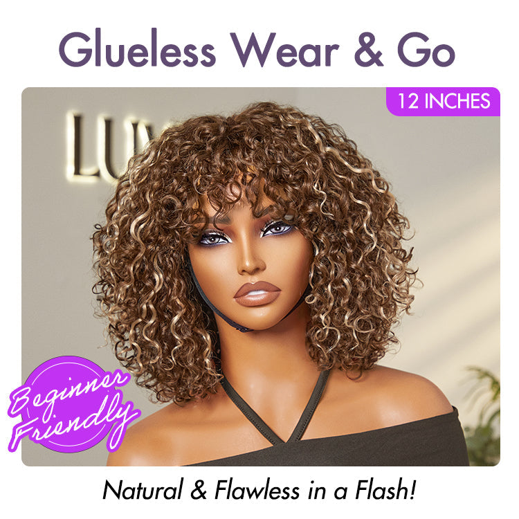 Luvme Hair ash blonde curly lace wig with water waves, bangs, and a natural scalp, beginner friendly and glueless for easy wear.
