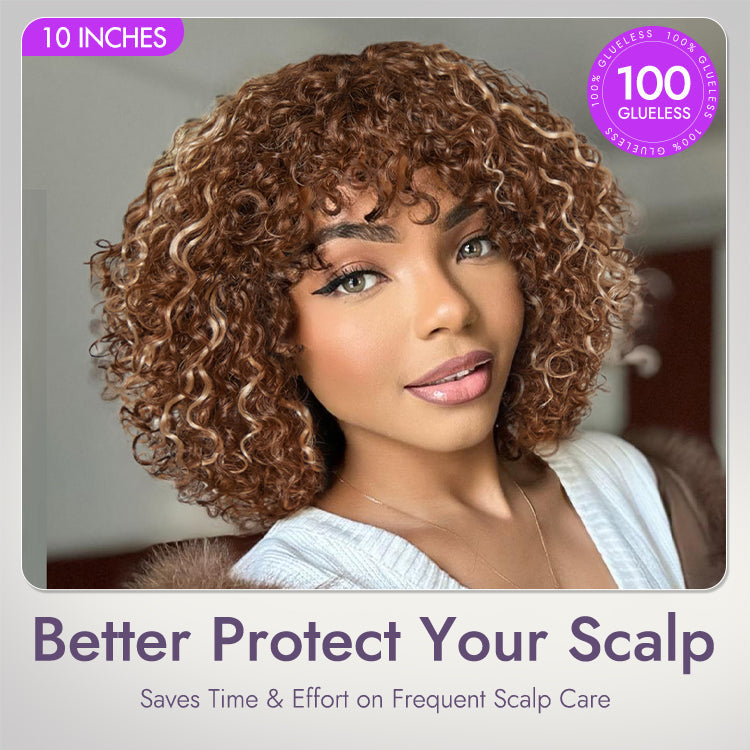 Luvme Hair ash blonde curly lace wig with bangs, water wave style, minimalistic design, glueless fit, beginner friendly, true scalp.