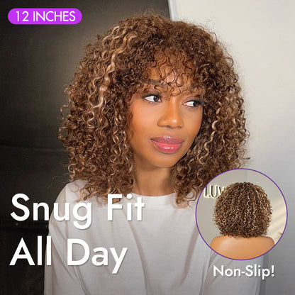 Luvme Hair ash blonde highlights water wave lace glueless curly wig with bangs, minimalist and beginner-friendly for natural styling.